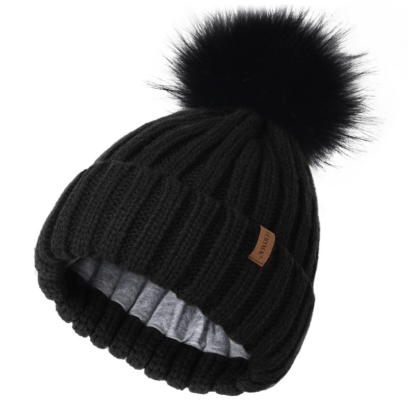 FURTALK Kids Winter Hat Toddler Knitted Beanie with Faux Fur Pom Poms for Baby Girls Boys Black with Black Pom,3-24 Months - Image 1